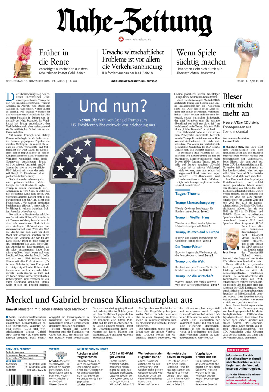 Nahe-Zeitung vom Donnerstag, 10.11.2016
