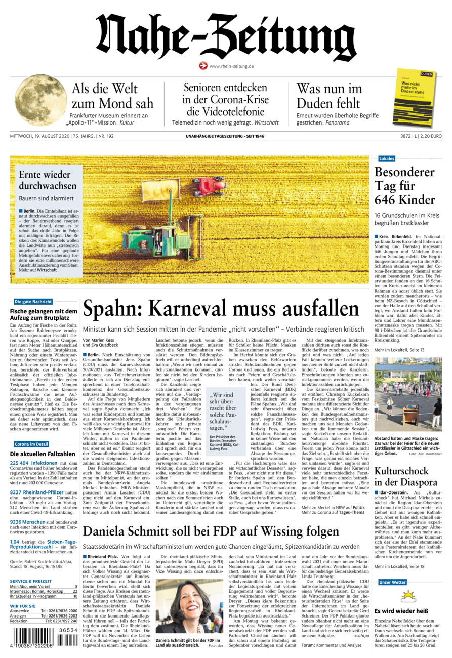 Nahe-Zeitung vom Mittwoch, 19.08.2020