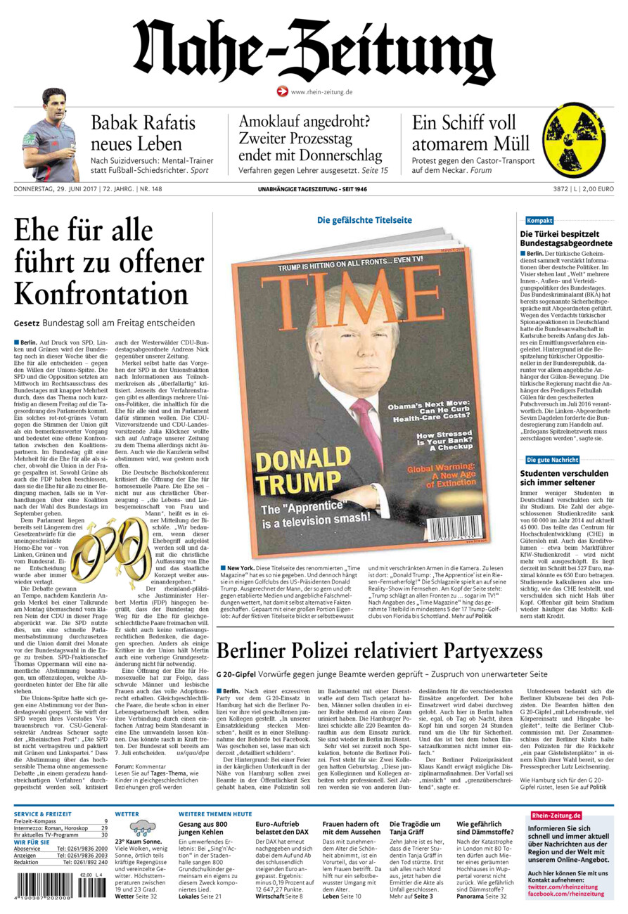 Nahe-Zeitung vom Donnerstag, 29.06.2017