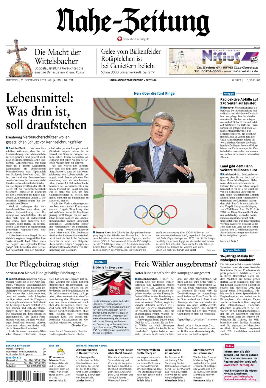 Nahe-Zeitung vom Mittwoch, 11.09.2013