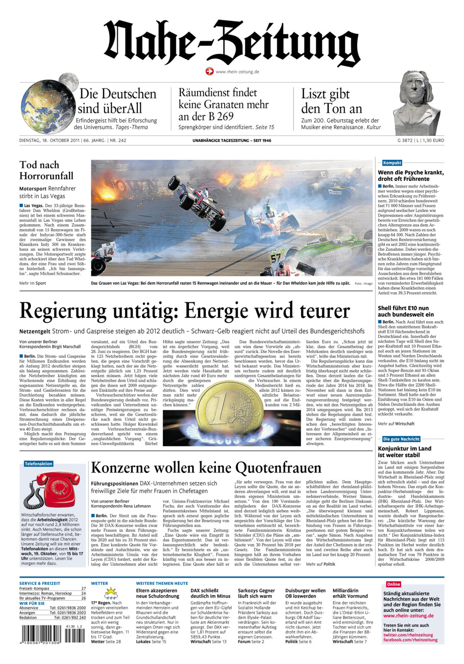 Nahe-Zeitung vom Dienstag, 18.10.2011