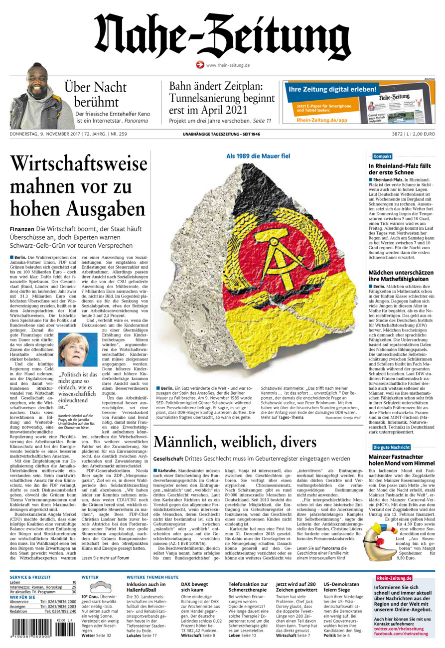 Nahe-Zeitung vom Donnerstag, 09.11.2017