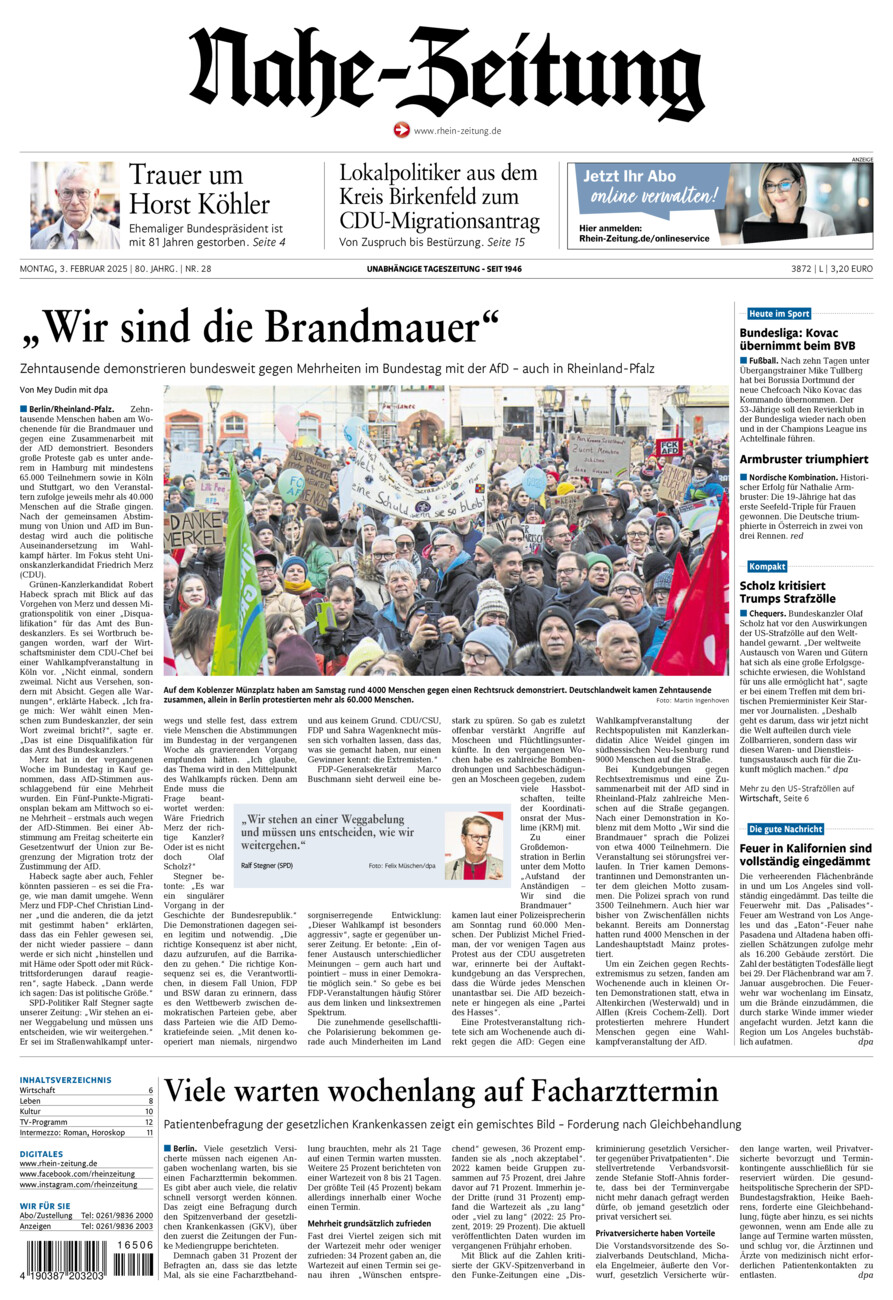 Nahe-Zeitung vom Montag, 03.02.2025