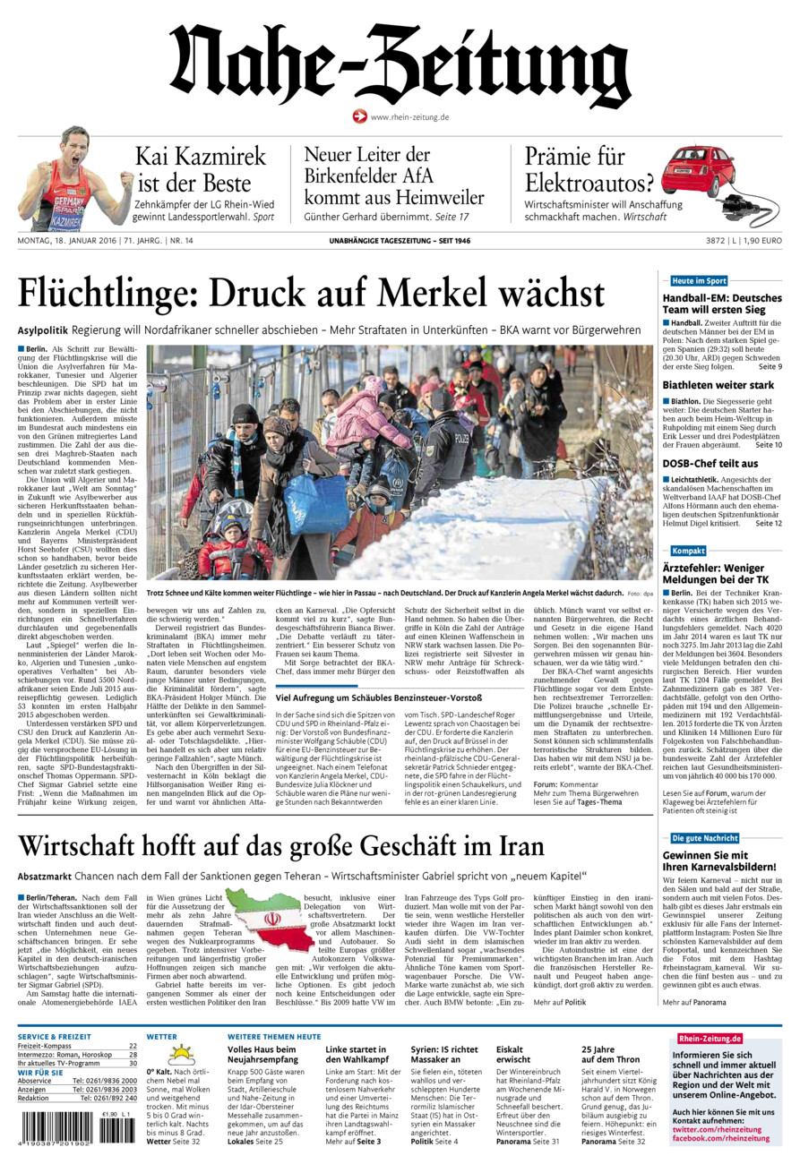 Nahe-Zeitung vom Montag, 18.01.2016