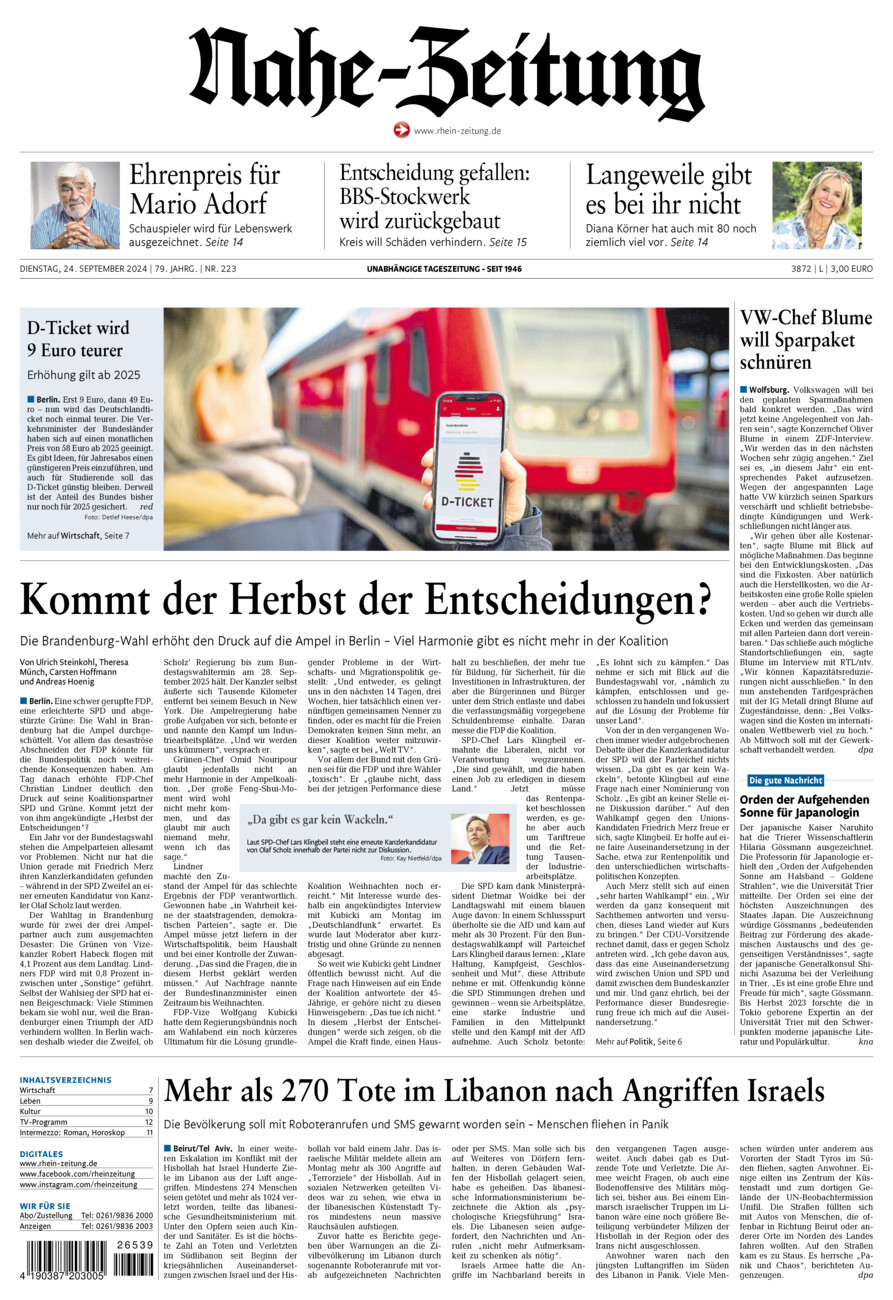 Nahe-Zeitung vom Dienstag, 24.09.2024