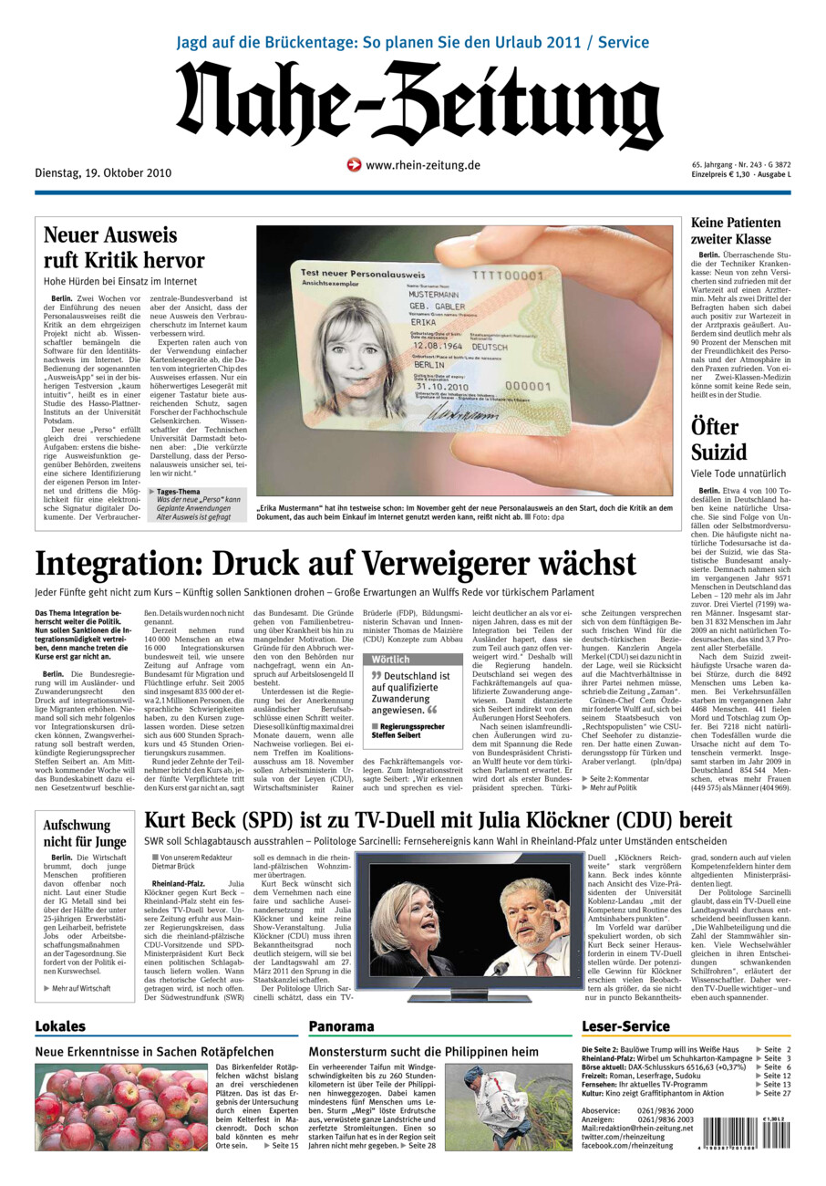 Nahe-Zeitung vom Dienstag, 19.10.2010