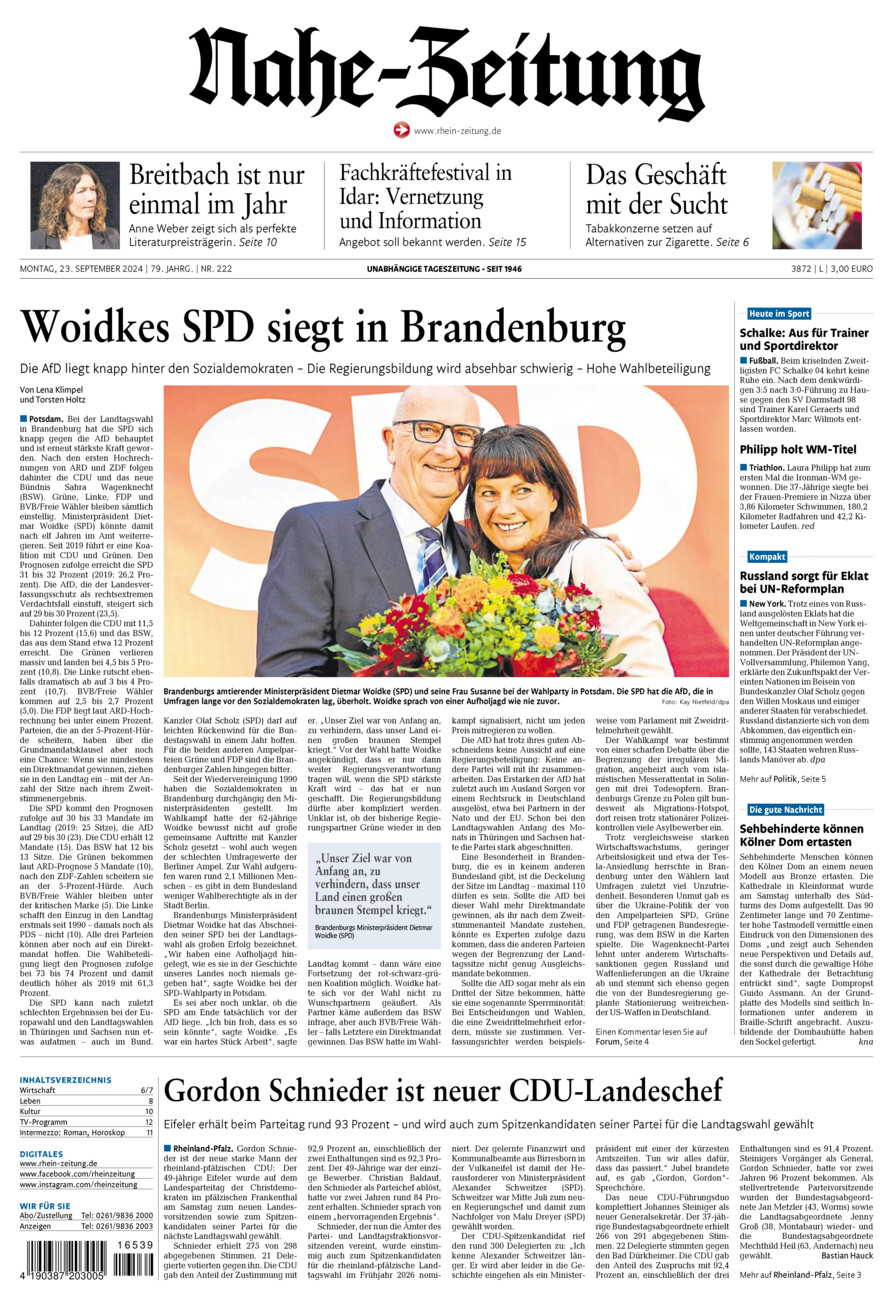 Nahe-Zeitung vom Montag, 23.09.2024