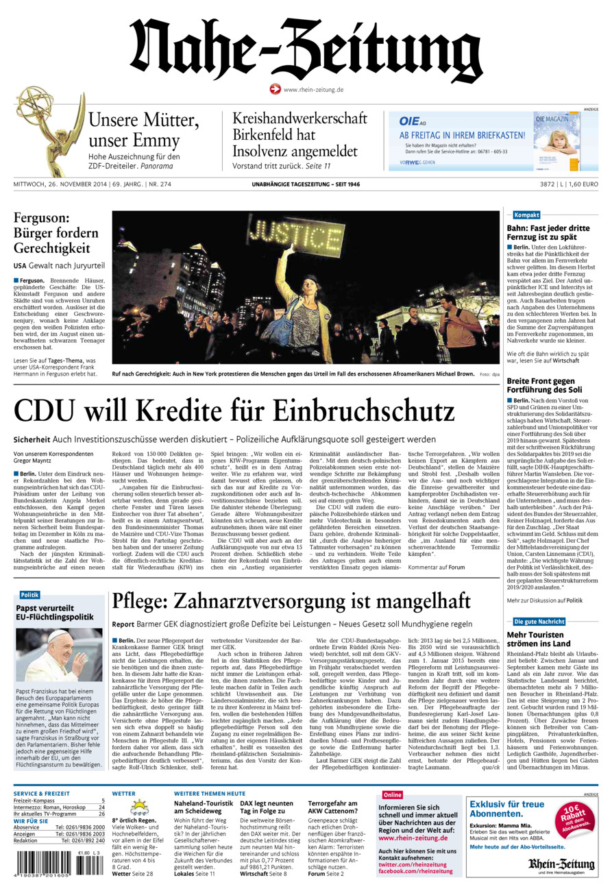 Nahe-Zeitung vom Mittwoch, 26.11.2014