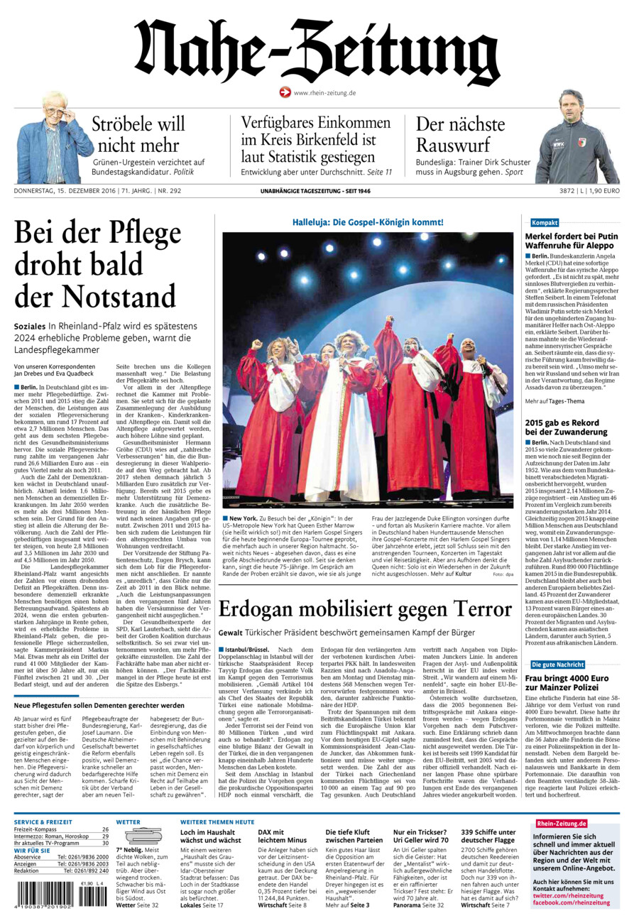Nahe-Zeitung vom Donnerstag, 15.12.2016