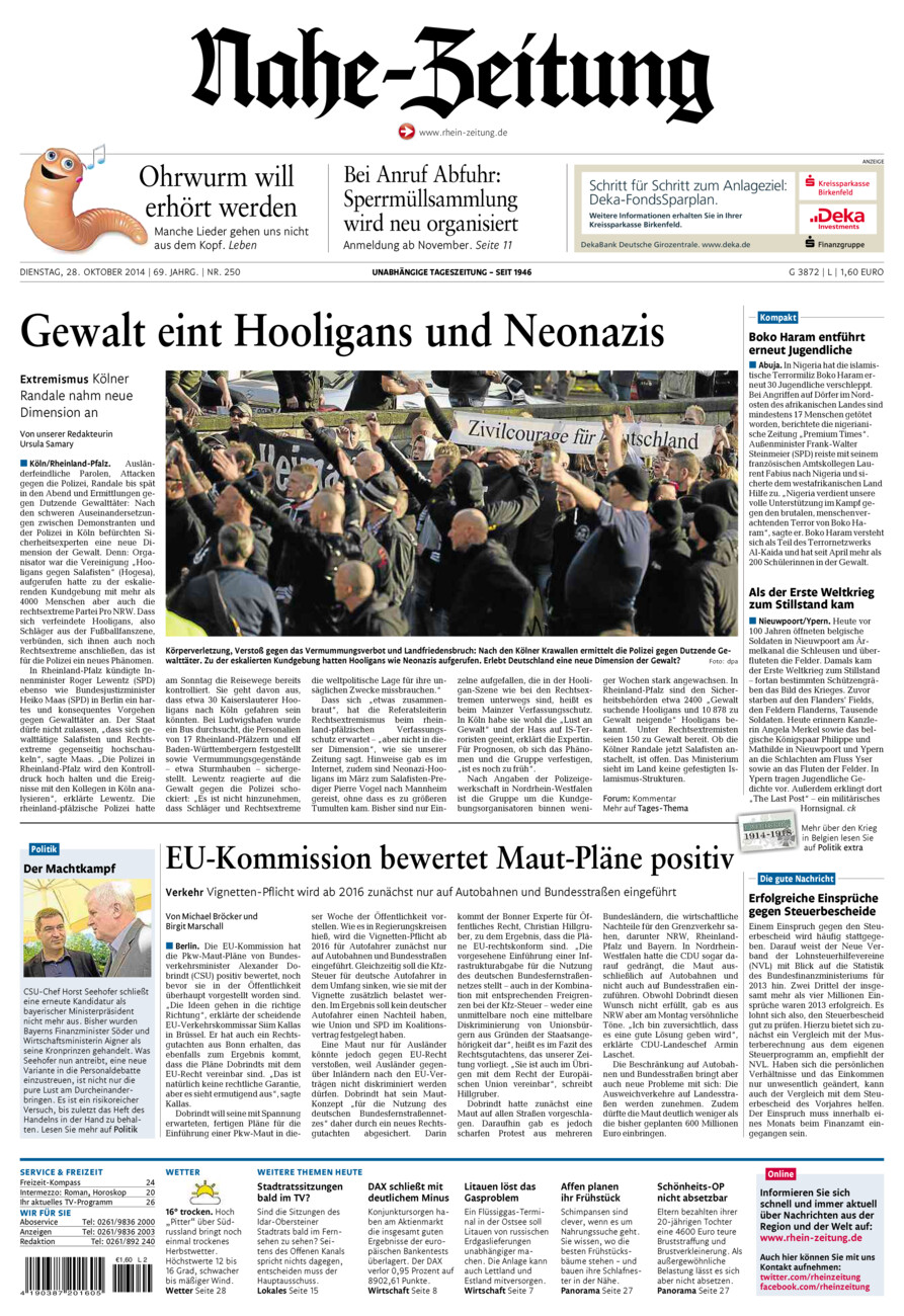 Nahe-Zeitung vom Dienstag, 28.10.2014