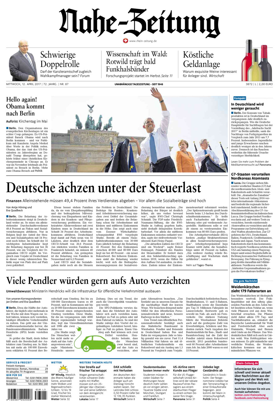 Nahe-Zeitung vom Mittwoch, 12.04.2017