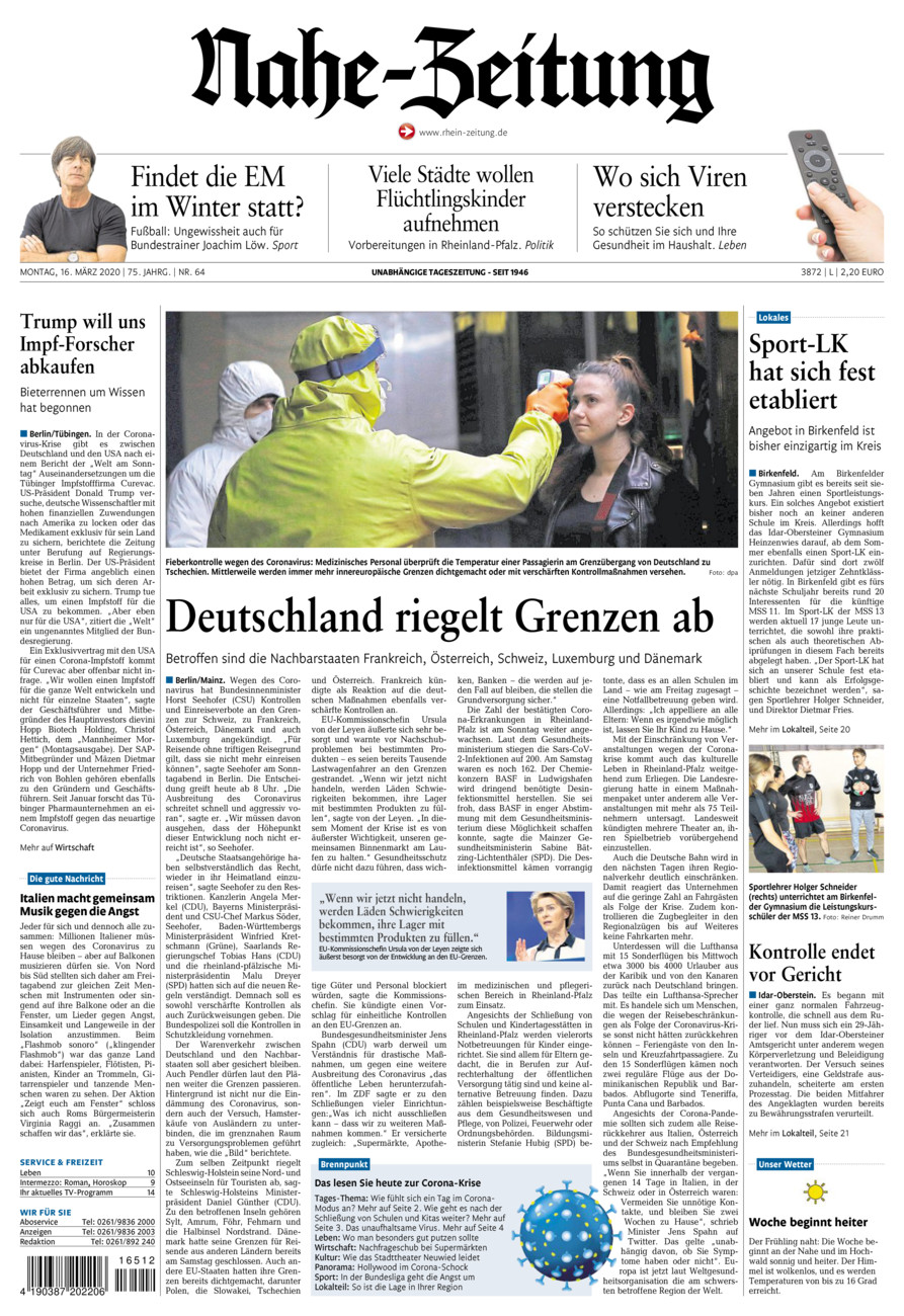 Nahe-Zeitung vom Montag, 16.03.2020