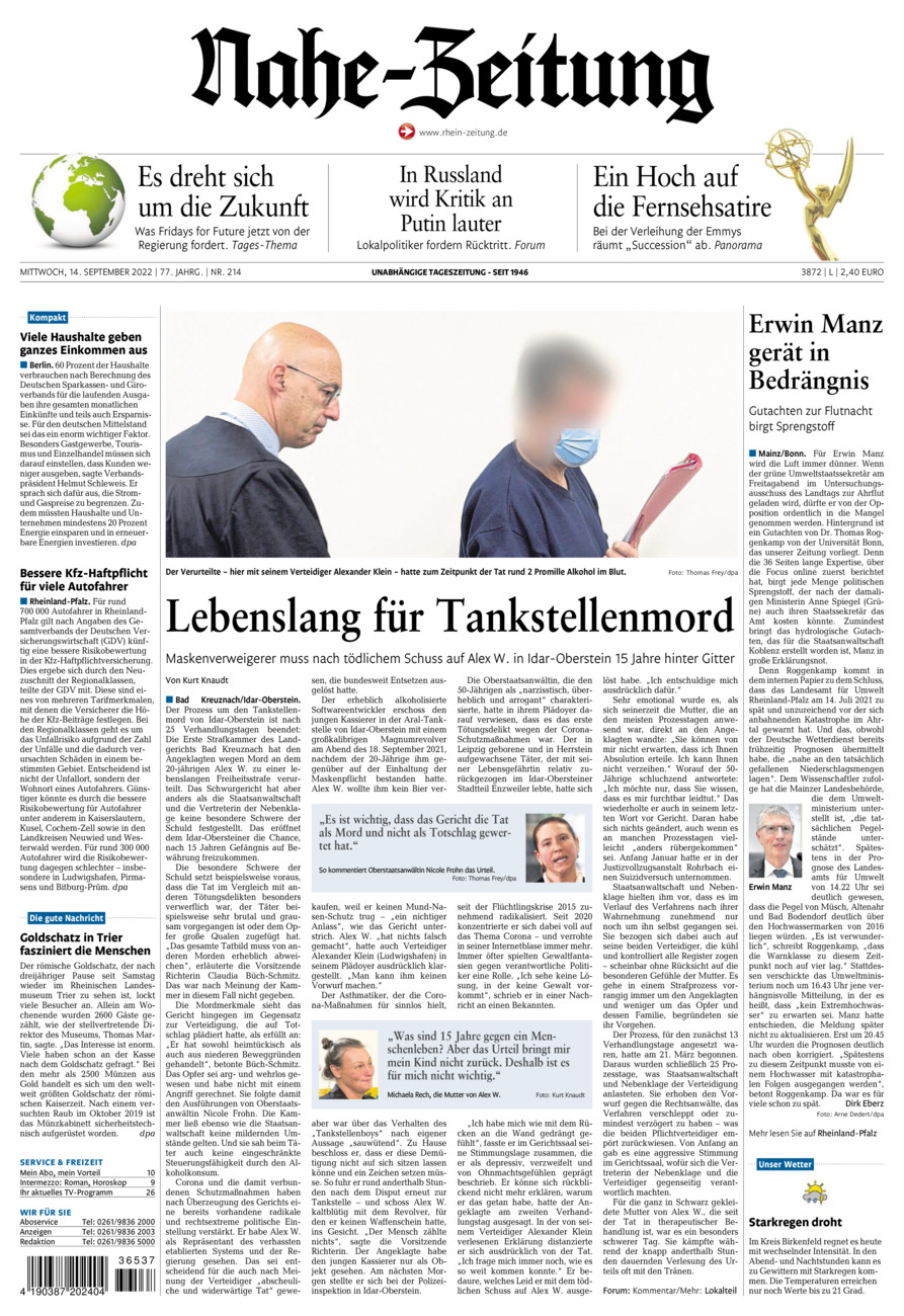 Nahe-Zeitung vom Mittwoch, 14.09.2022