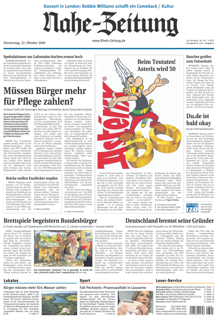 Nahe-Zeitung vom Donnerstag, 22.10.2009