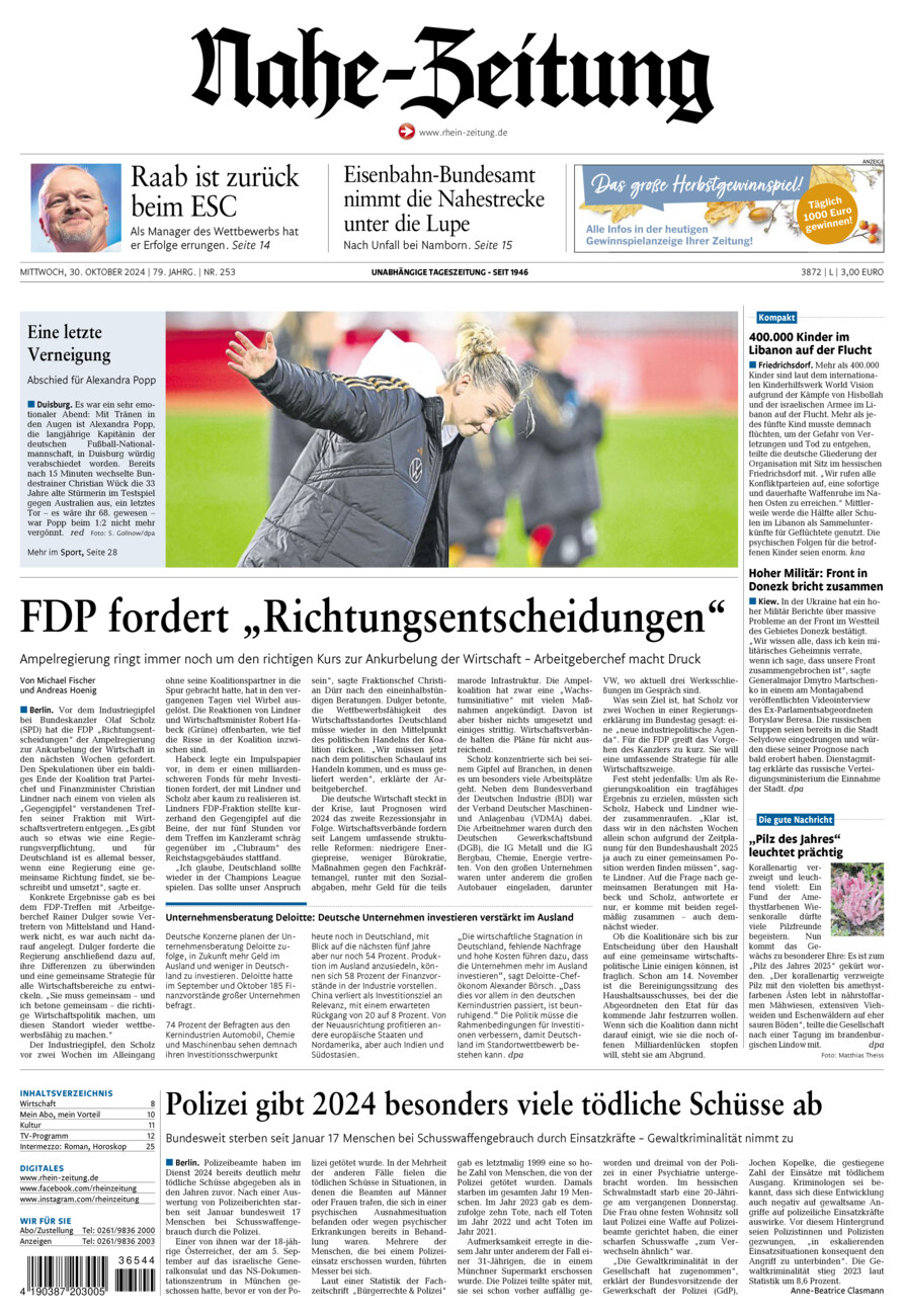 Nahe-Zeitung vom Mittwoch, 30.10.2024