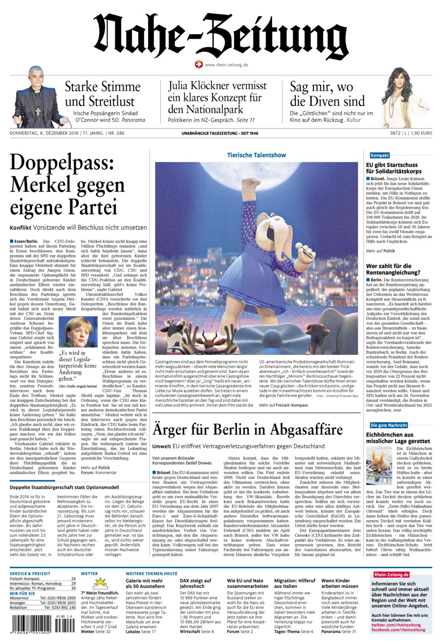 Nahe-Zeitung vom Donnerstag, 08.12.2016