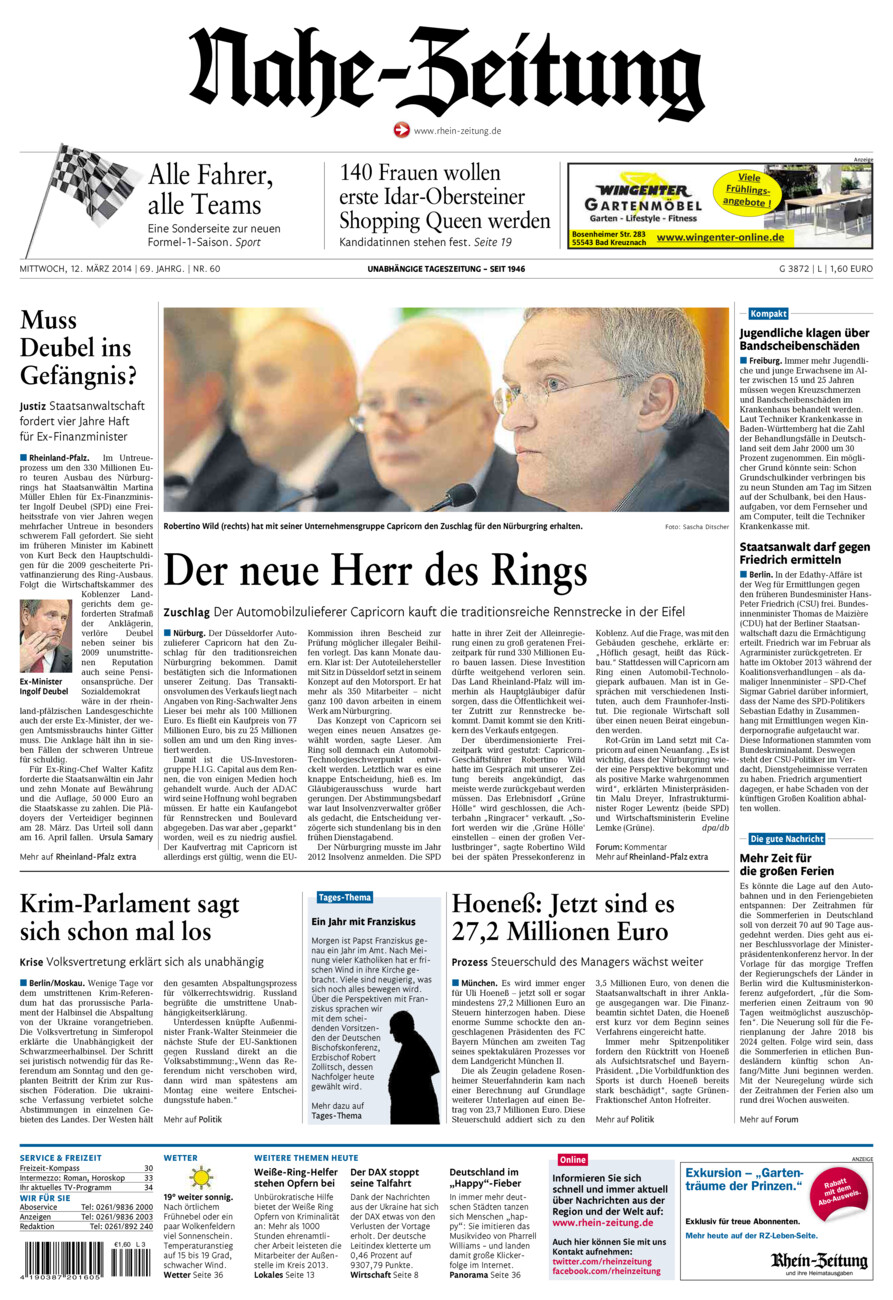 Nahe-Zeitung vom Mittwoch, 12.03.2014