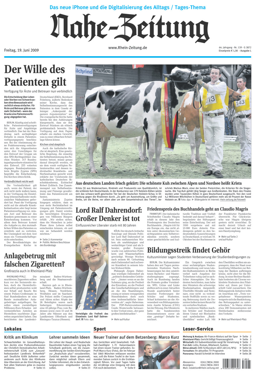 Nahe-Zeitung vom Freitag, 19.06.2009