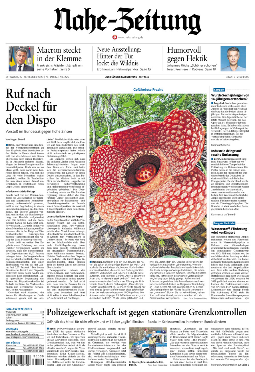 Nahe-Zeitung vom Mittwoch, 27.09.2023