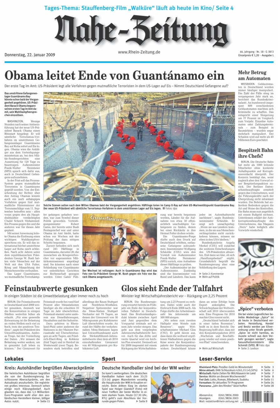 Nahe-Zeitung vom Donnerstag, 22.01.2009