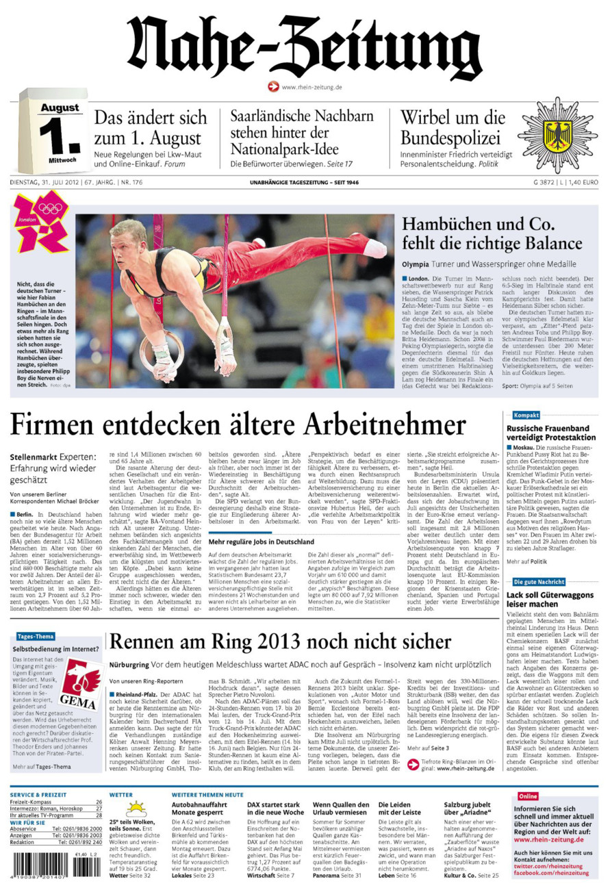 Nahe-Zeitung vom Dienstag, 31.07.2012