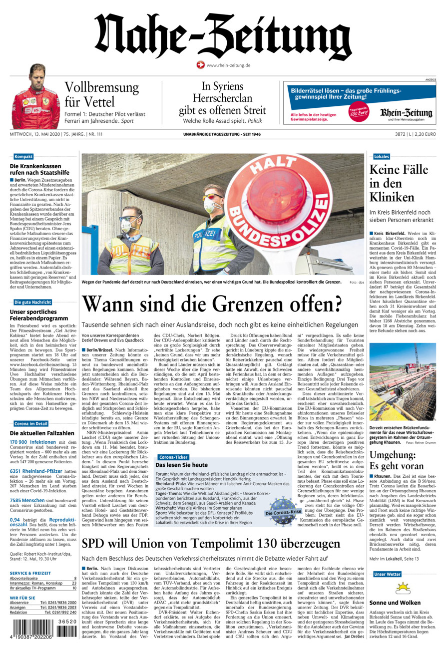 Nahe-Zeitung vom Mittwoch, 13.05.2020