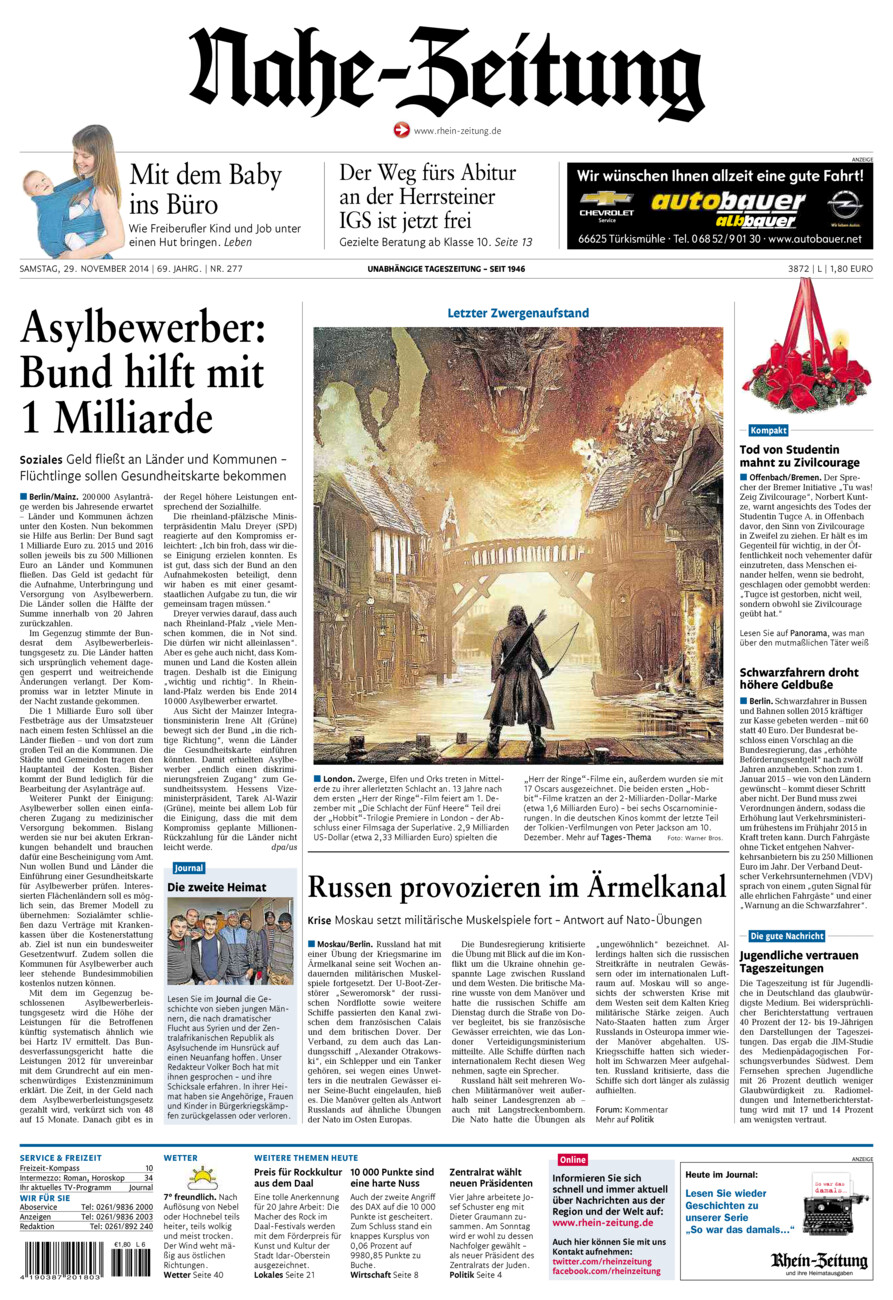 Nahe-Zeitung vom Samstag, 29.11.2014