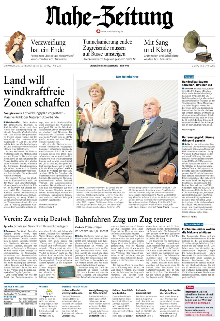 Nahe-Zeitung vom Mittwoch, 26.09.2012