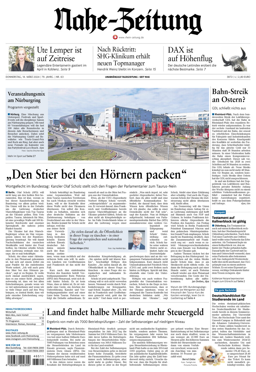 Nahe-Zeitung vom Donnerstag, 14.03.2024