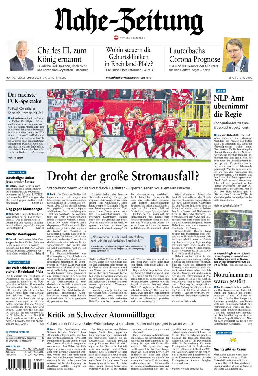 Nahe-Zeitung vom Montag, 12.09.2022