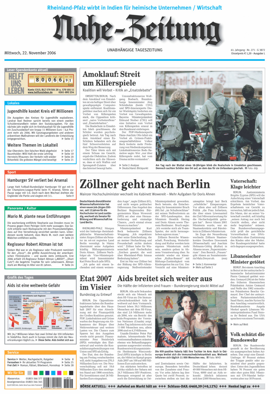 Nahe-Zeitung vom Mittwoch, 22.11.2006