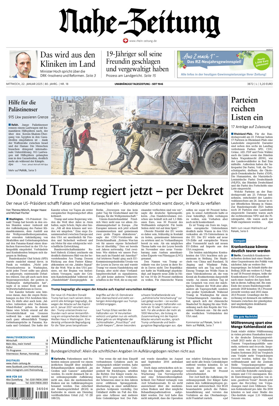 Nahe-Zeitung vom Mittwoch, 22.01.2025