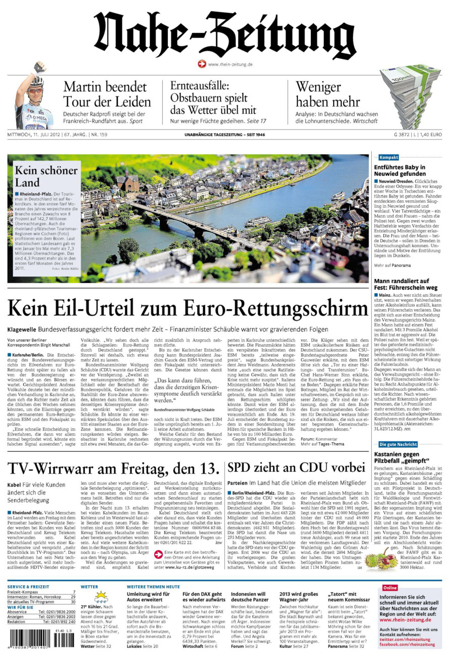 Nahe-Zeitung vom Mittwoch, 11.07.2012
