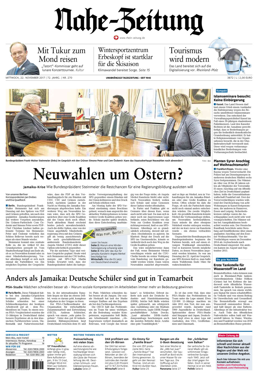 Nahe-Zeitung vom Mittwoch, 22.11.2017