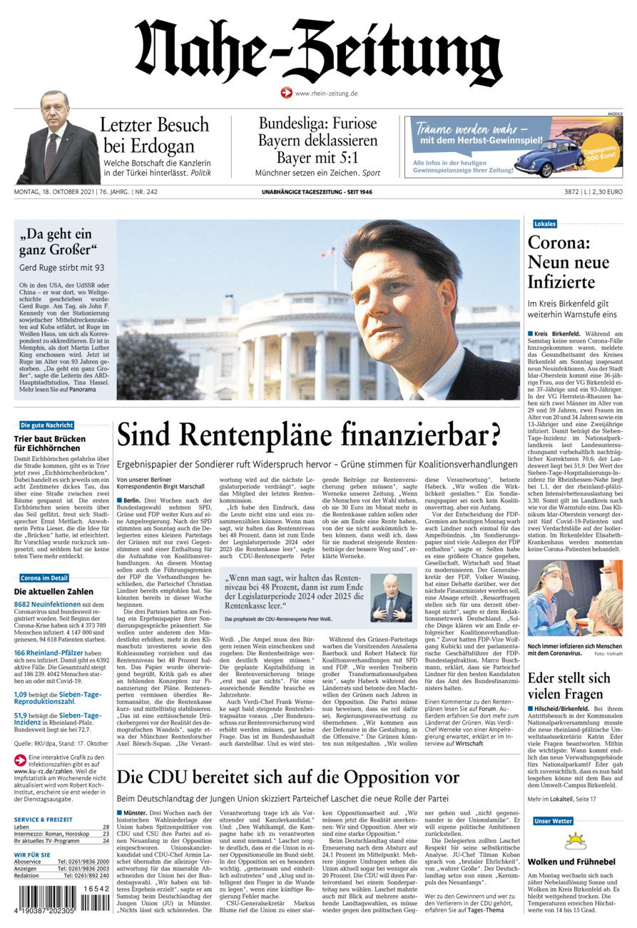 Nahe-Zeitung vom Montag, 18.10.2021