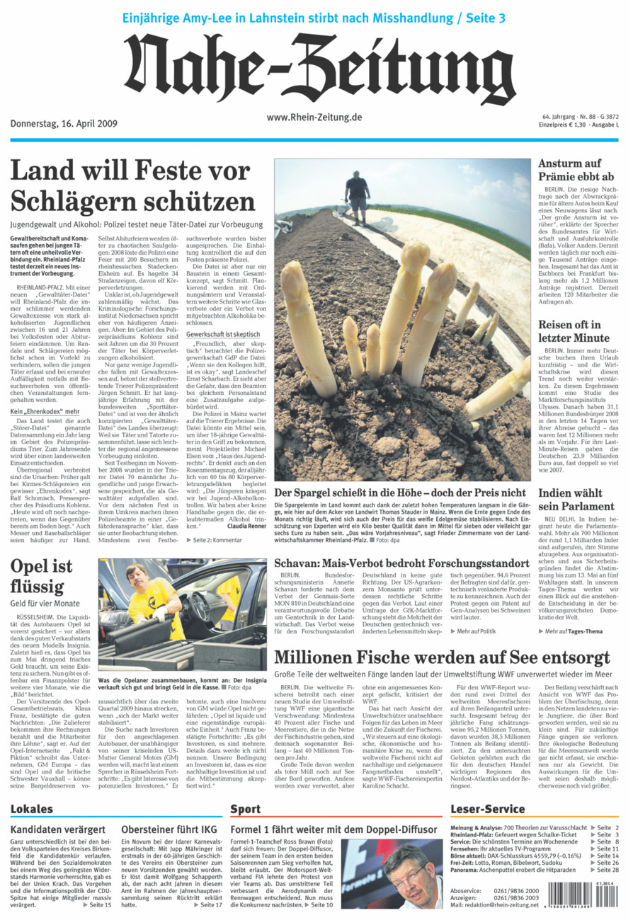 Nahe-Zeitung vom Donnerstag, 16.04.2009