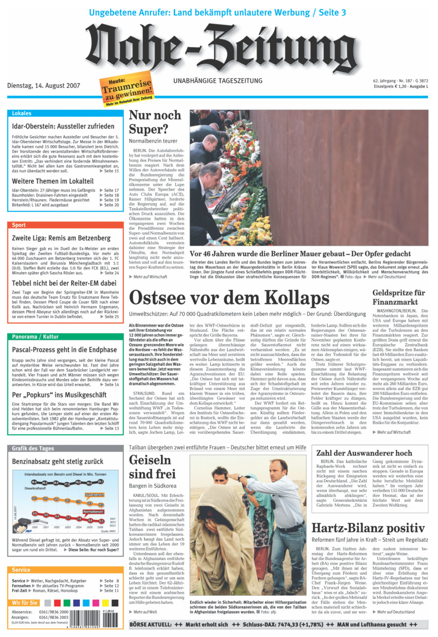 Nahe-Zeitung vom Dienstag, 14.08.2007