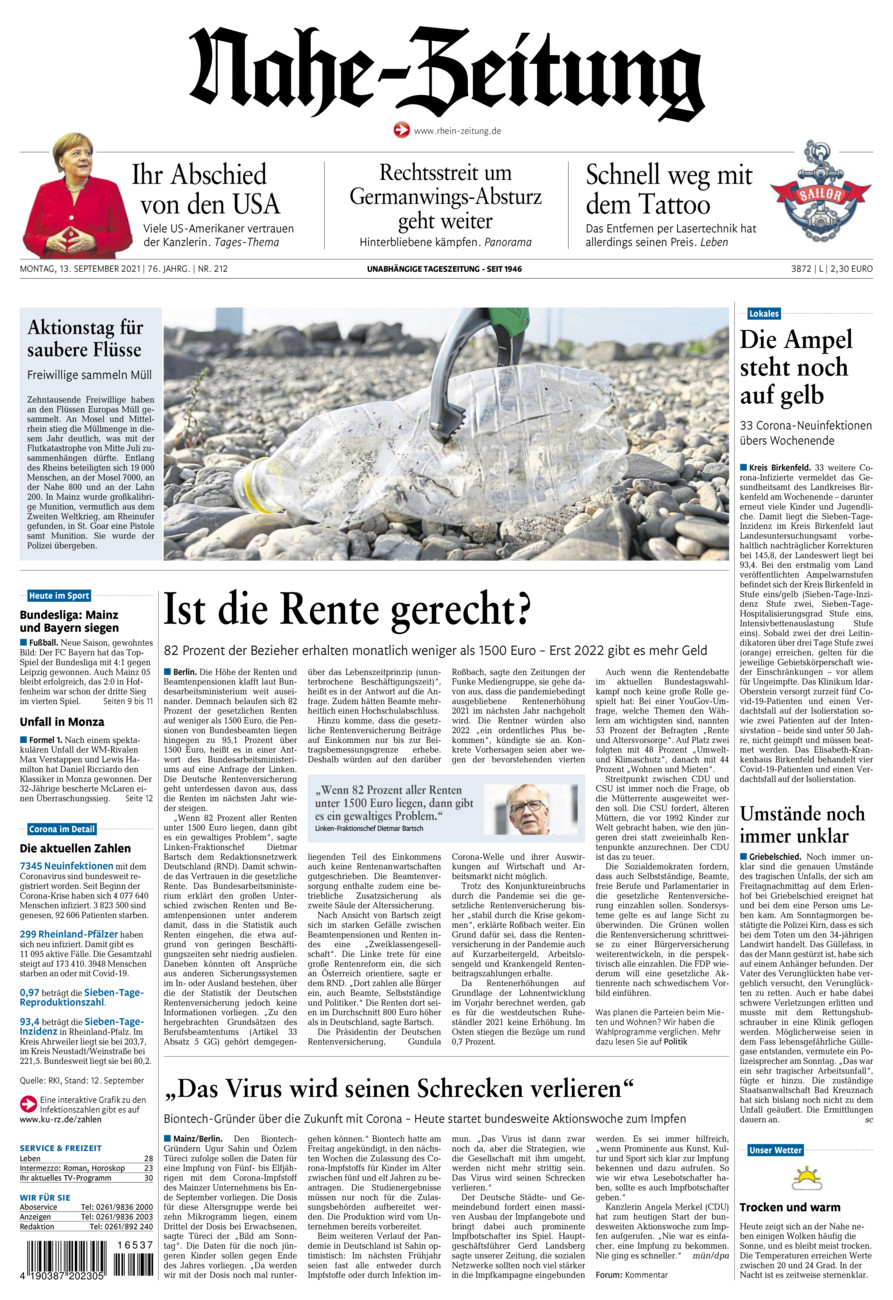 Nahe-Zeitung vom Montag, 13.09.2021