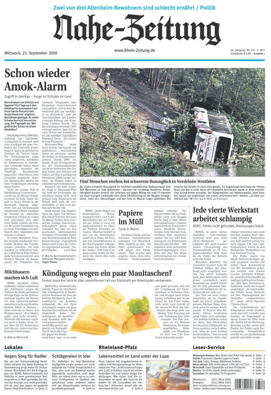 Nahe-Zeitung vom Mittwoch, 23.09.2009
