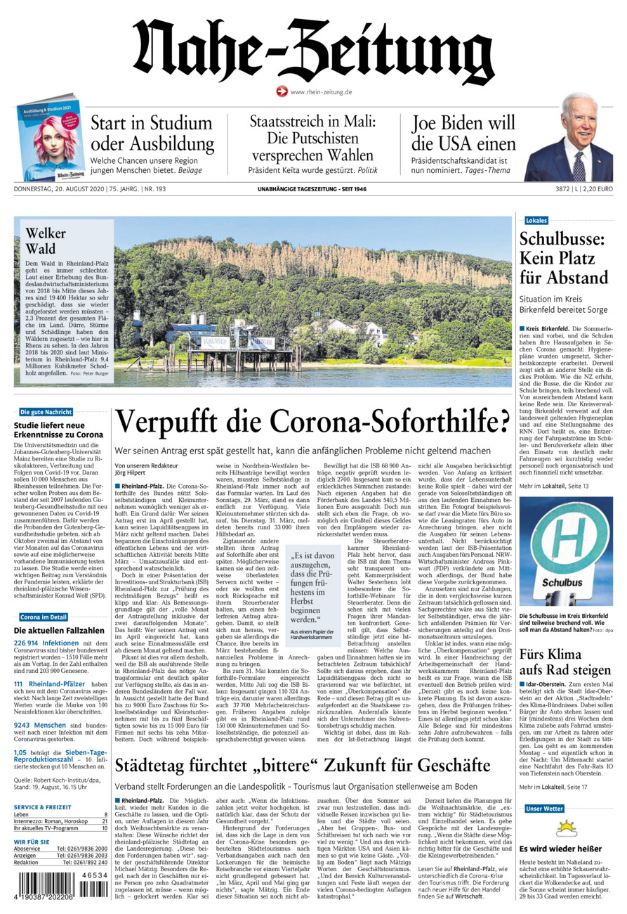 Nahe-Zeitung vom Donnerstag, 20.08.2020
