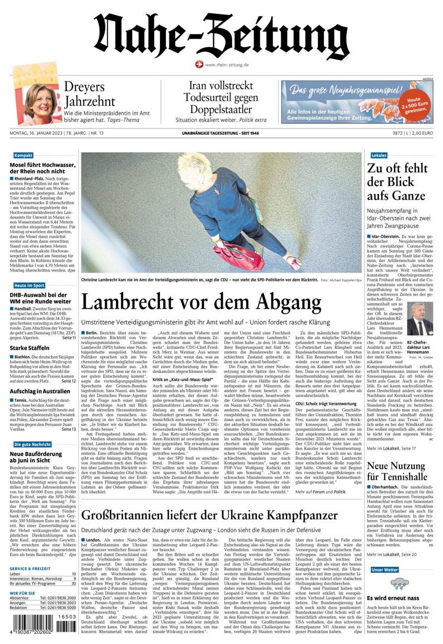Nahe-Zeitung vom Montag, 16.01.2023