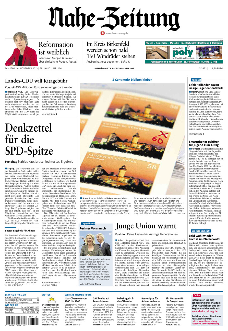 Nahe-Zeitung vom Samstag, 16.11.2013