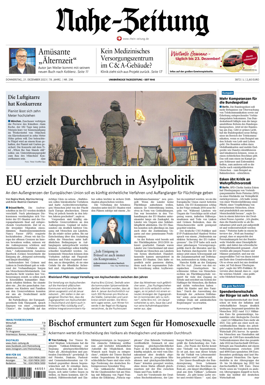 Nahe-Zeitung vom Donnerstag, 21.12.2023