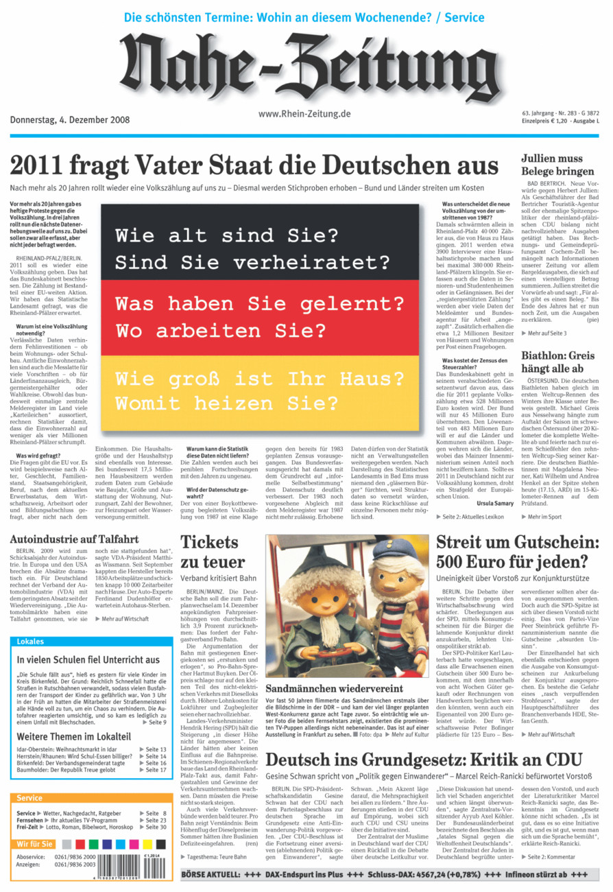 Nahe-Zeitung vom Donnerstag, 04.12.2008