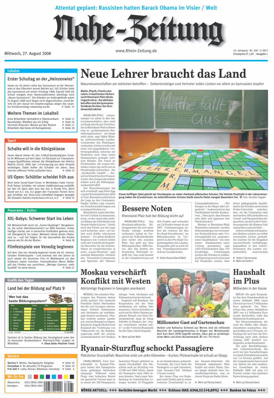 Nahe-Zeitung vom Mittwoch, 27.08.2008