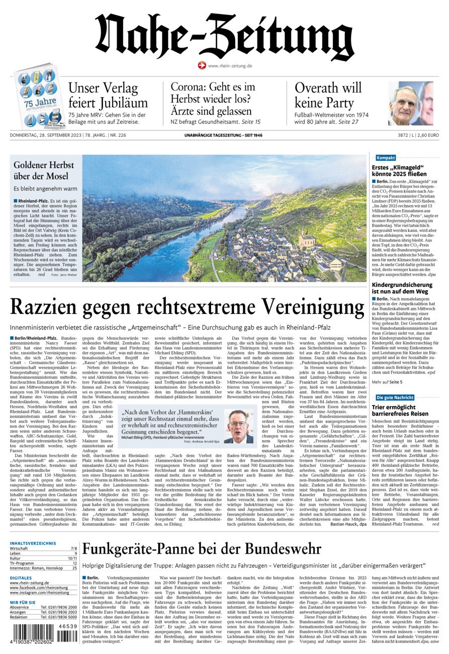 Nahe-Zeitung vom Donnerstag, 28.09.2023