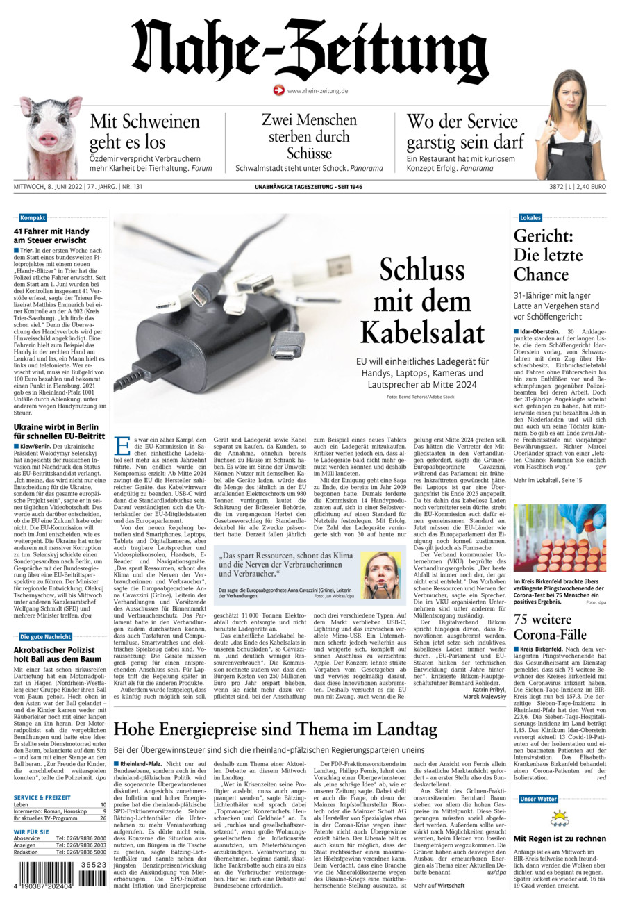 Nahe-Zeitung vom Mittwoch, 08.06.2022