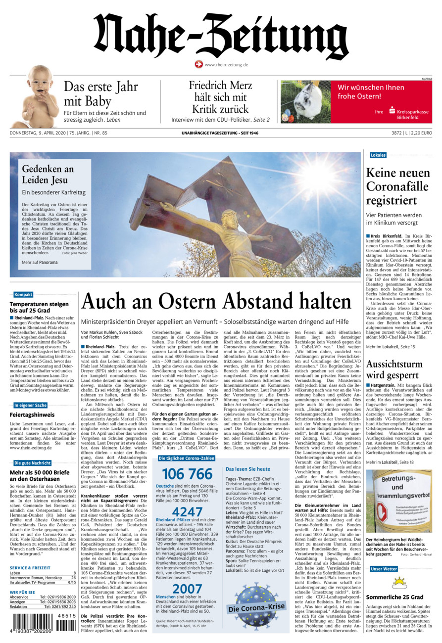 Nahe-Zeitung vom Donnerstag, 09.04.2020