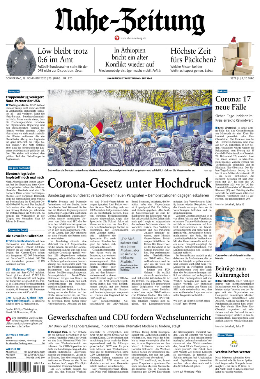 Nahe-Zeitung vom Donnerstag, 19.11.2020