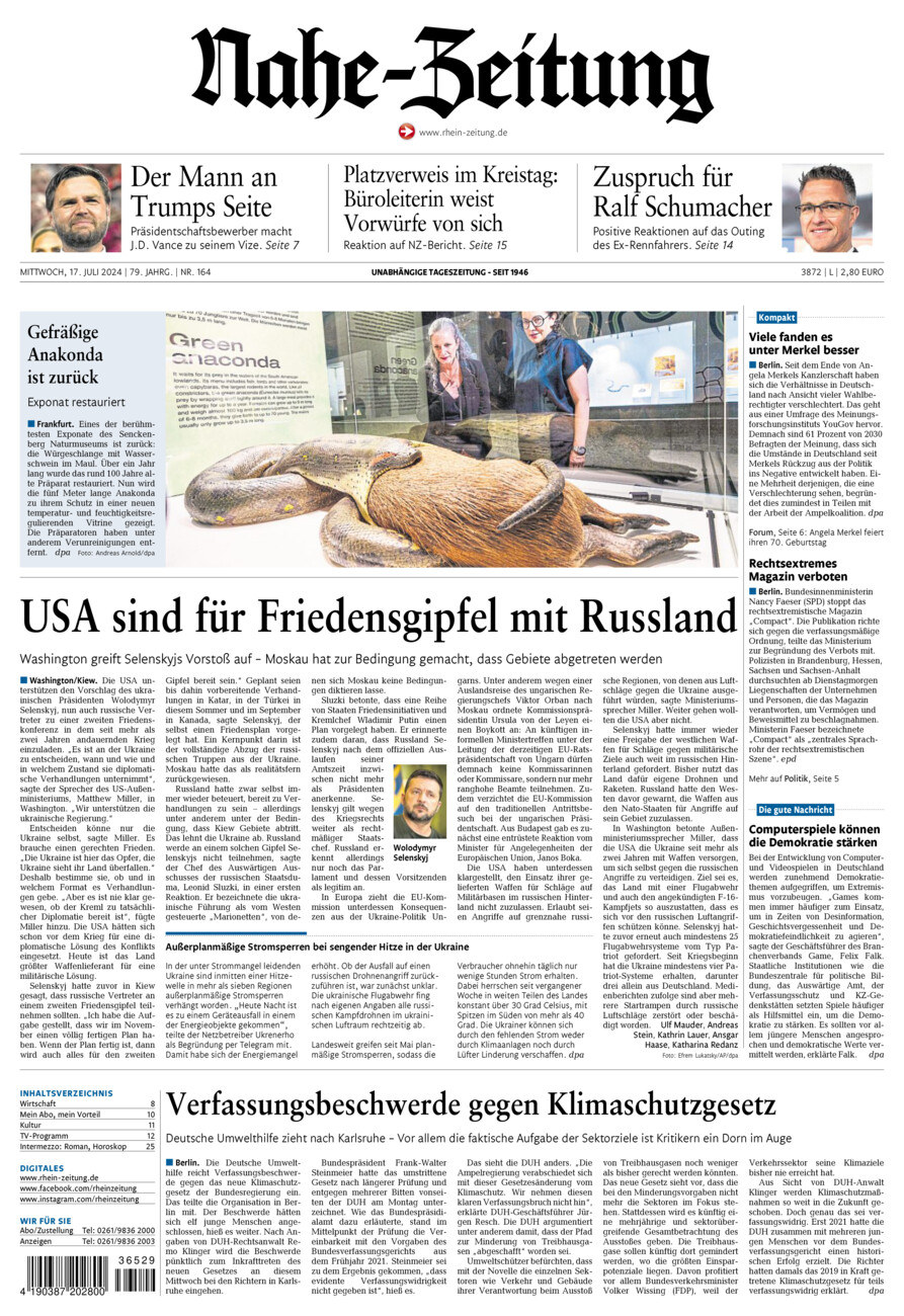 Nahe-Zeitung vom Mittwoch, 17.07.2024